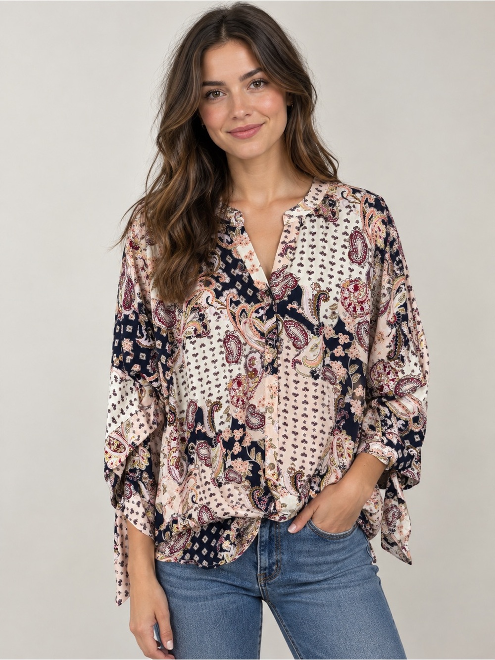 Printed Paisley Patchwork Button-Front Blouse - Pink & Navy